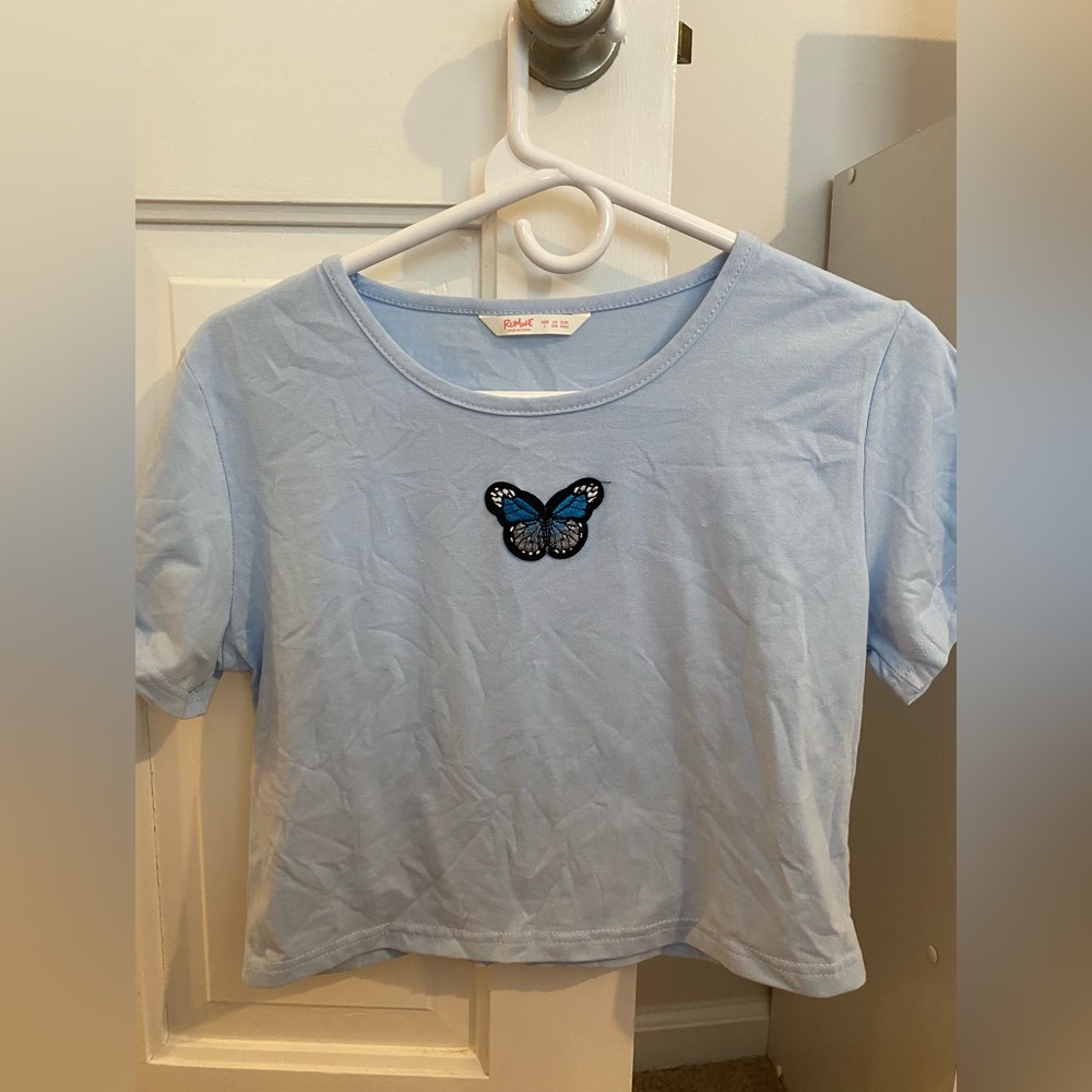 Romwe large blue butterfly tee shirt
